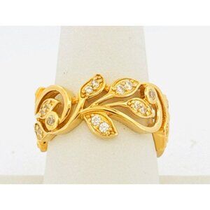 Estate Gold Over 925 Silver Leaf Band Ring w/ CZ Accents, Size 9, 6.3g Vintage